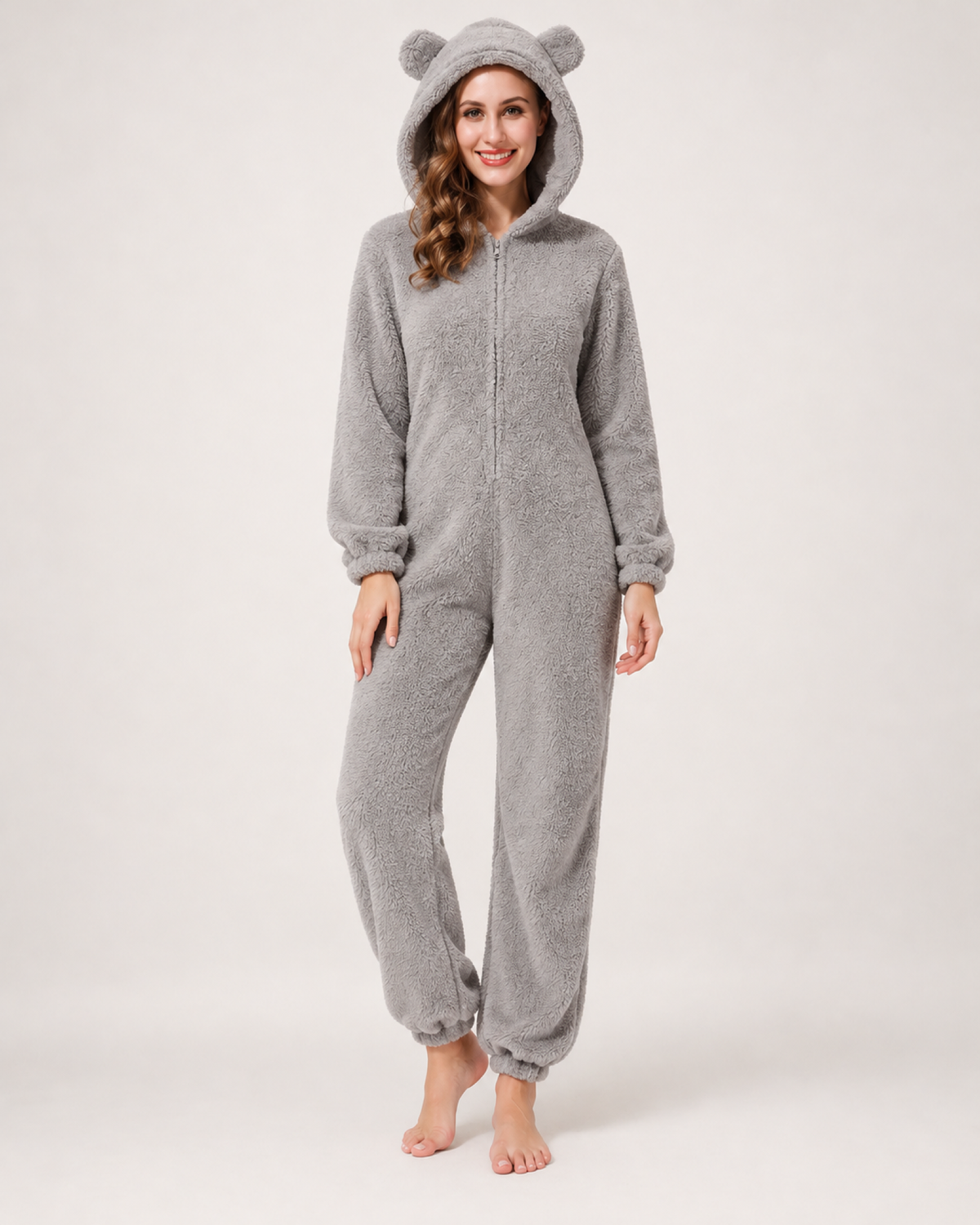 Women's grey bear-ear fleece onesie, front studio view