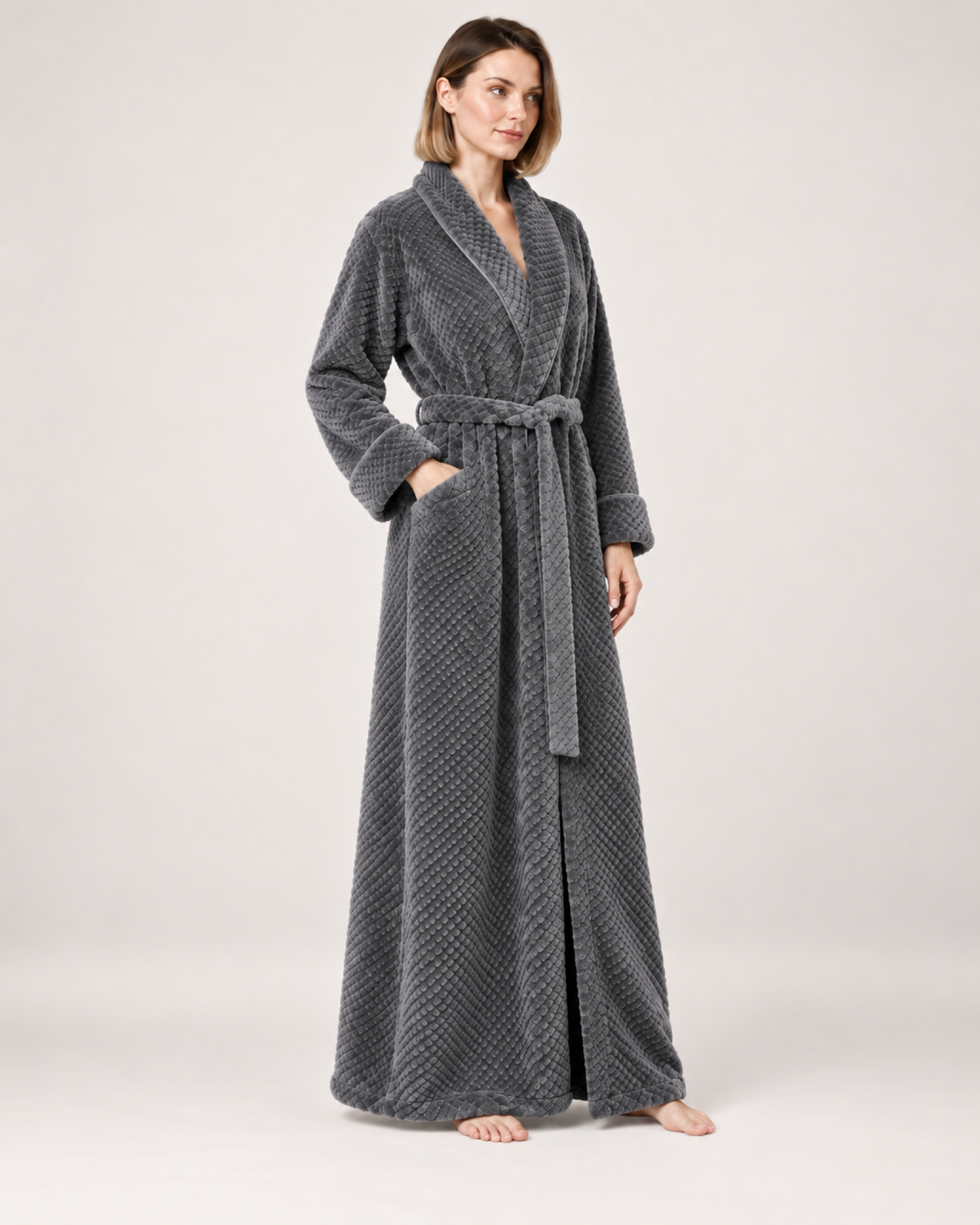 Women's Textured Long Dressing Gown in Grey, variant view