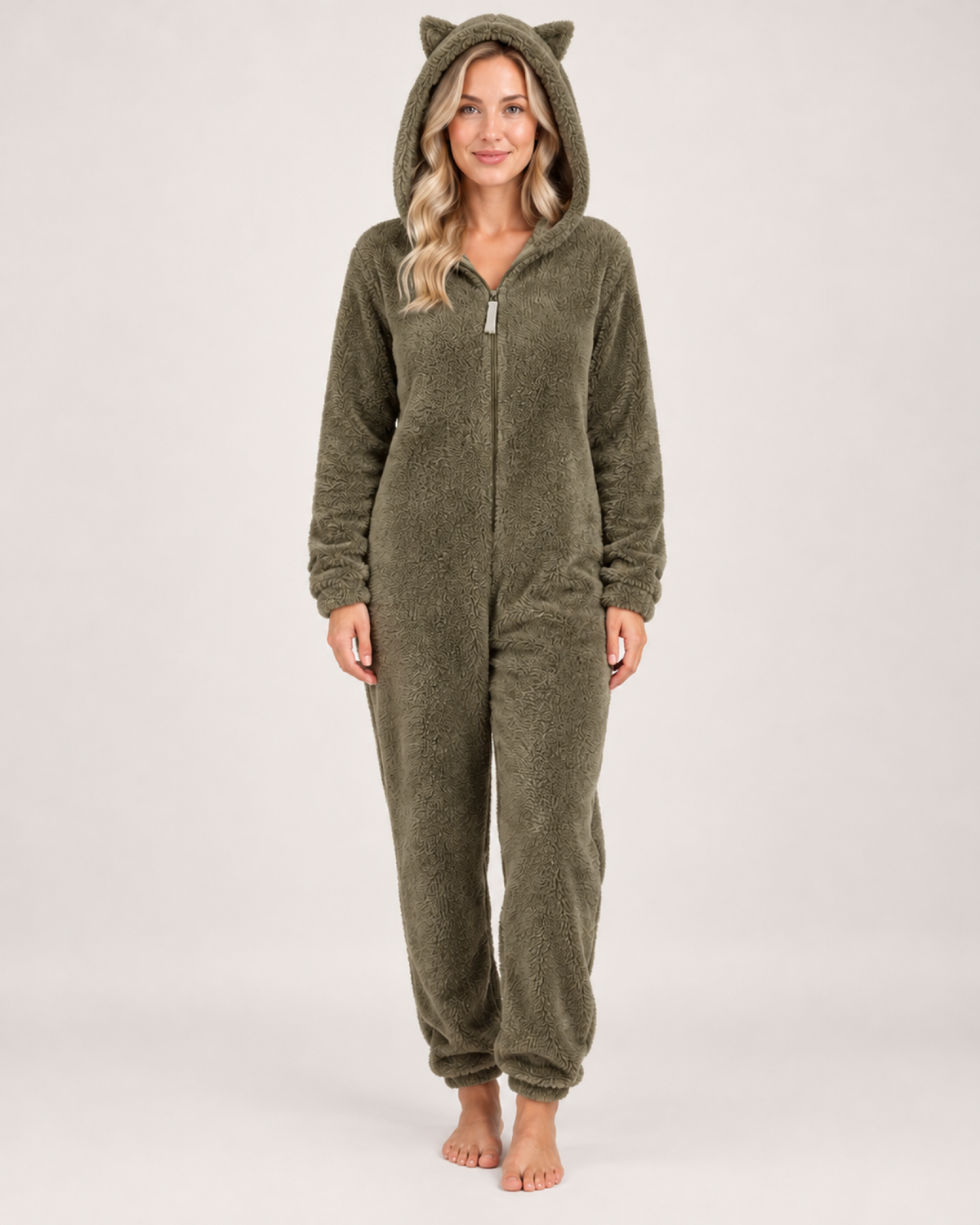 Women's khaki cat-ear fleece onesie, front studio view