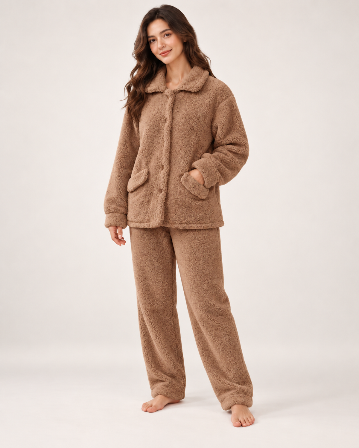 Women's Fleece Pyjama Set – Button-Front Loungewear, standalone google shopping variant image for mocha