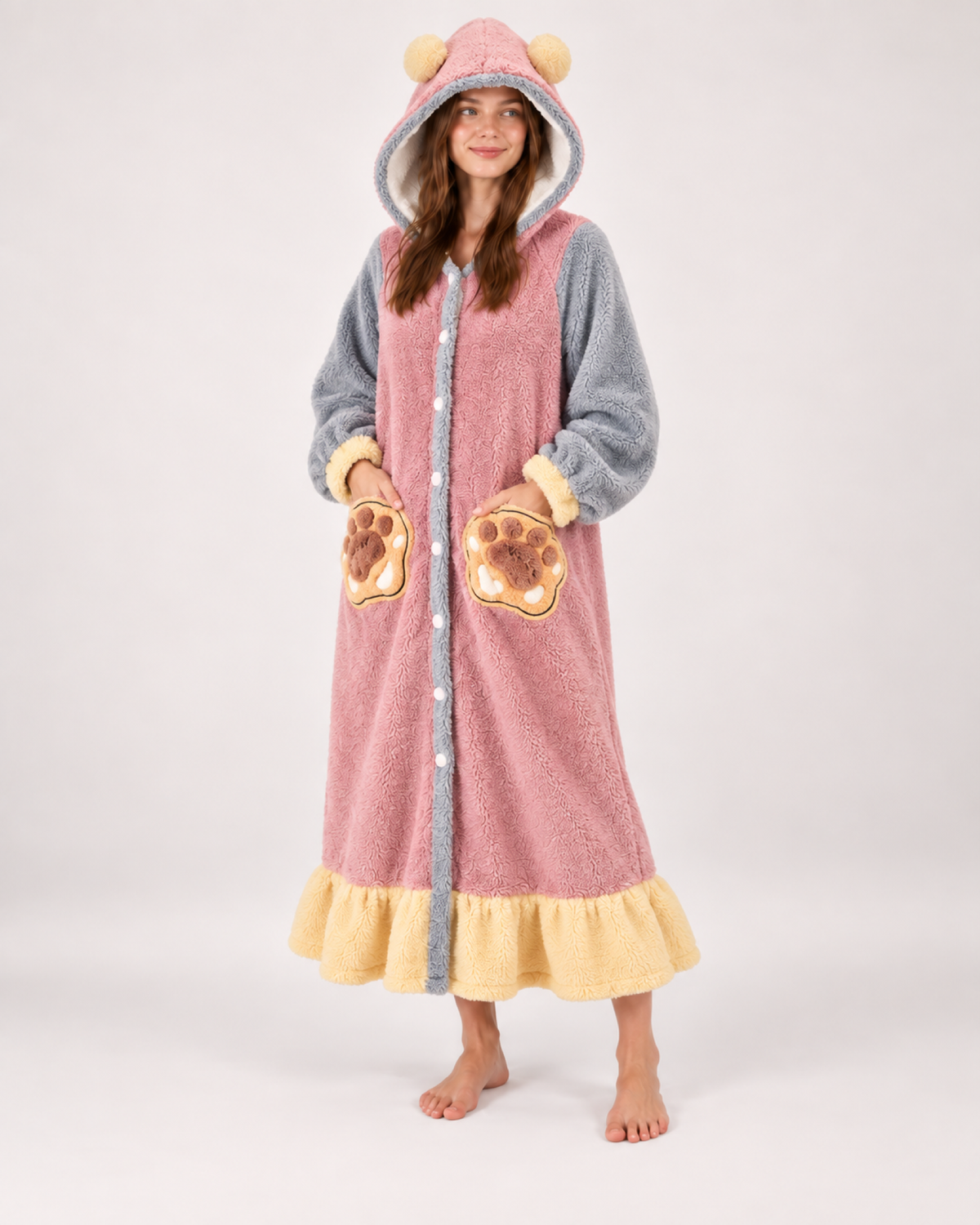 Women's Animal Hooded Lounge Robe in Pink & Grey, variant view
