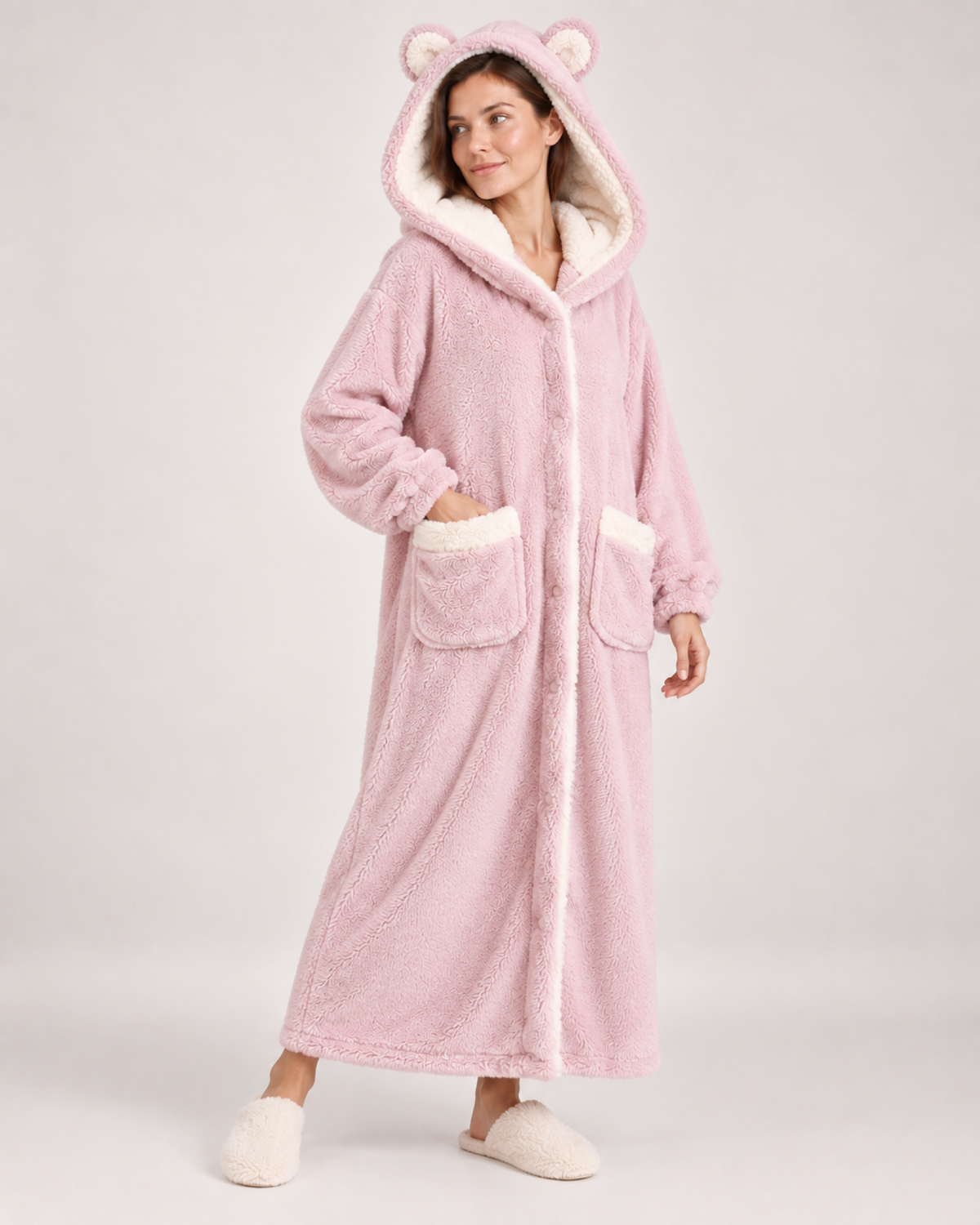 Ladies' Hooded Dressing Gown – Rounded Ear Detail in Pink, variant view