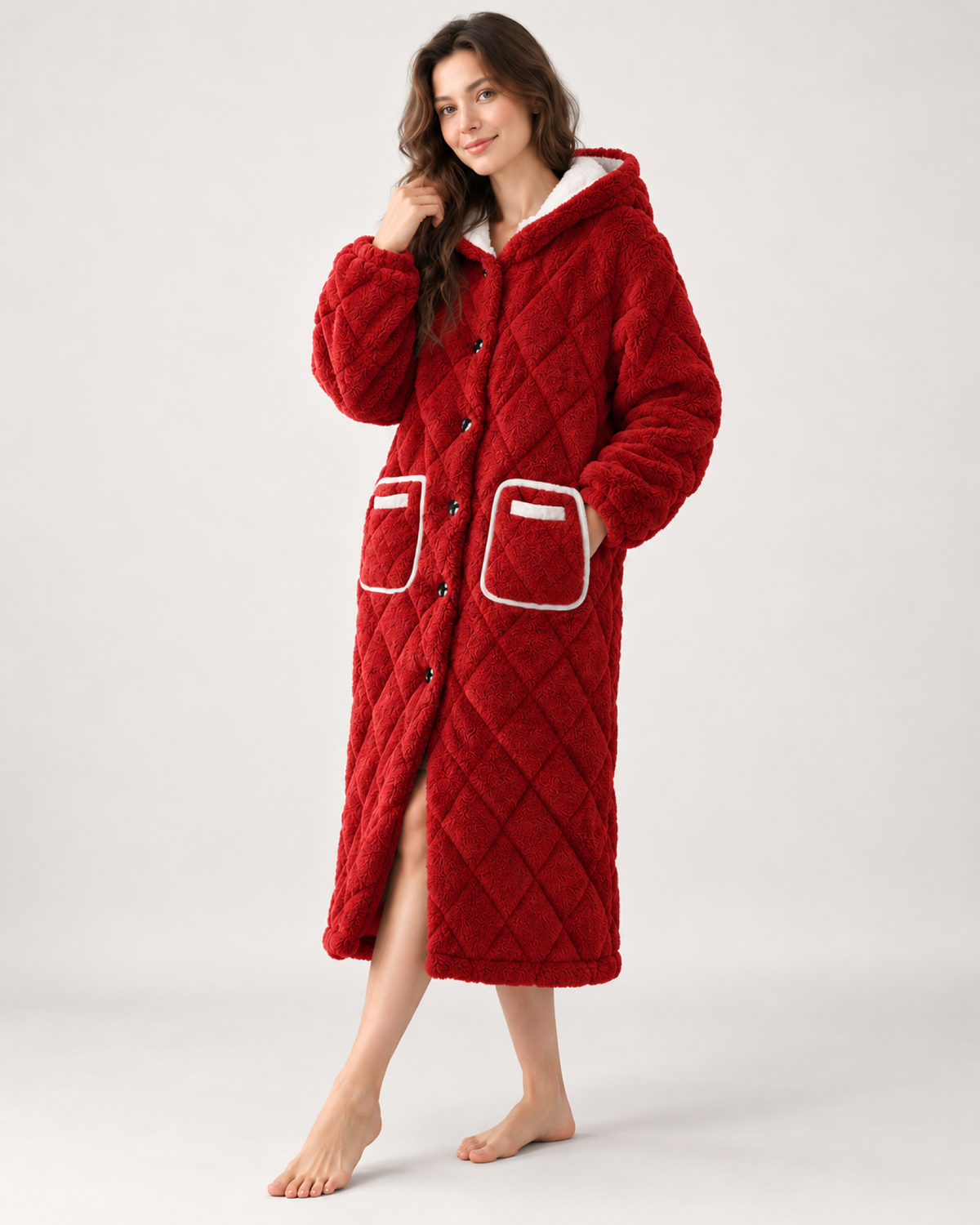 Women's Quilted Fleece Dressing Gown – Hooded Long Style, standalone google shopping variant image for red