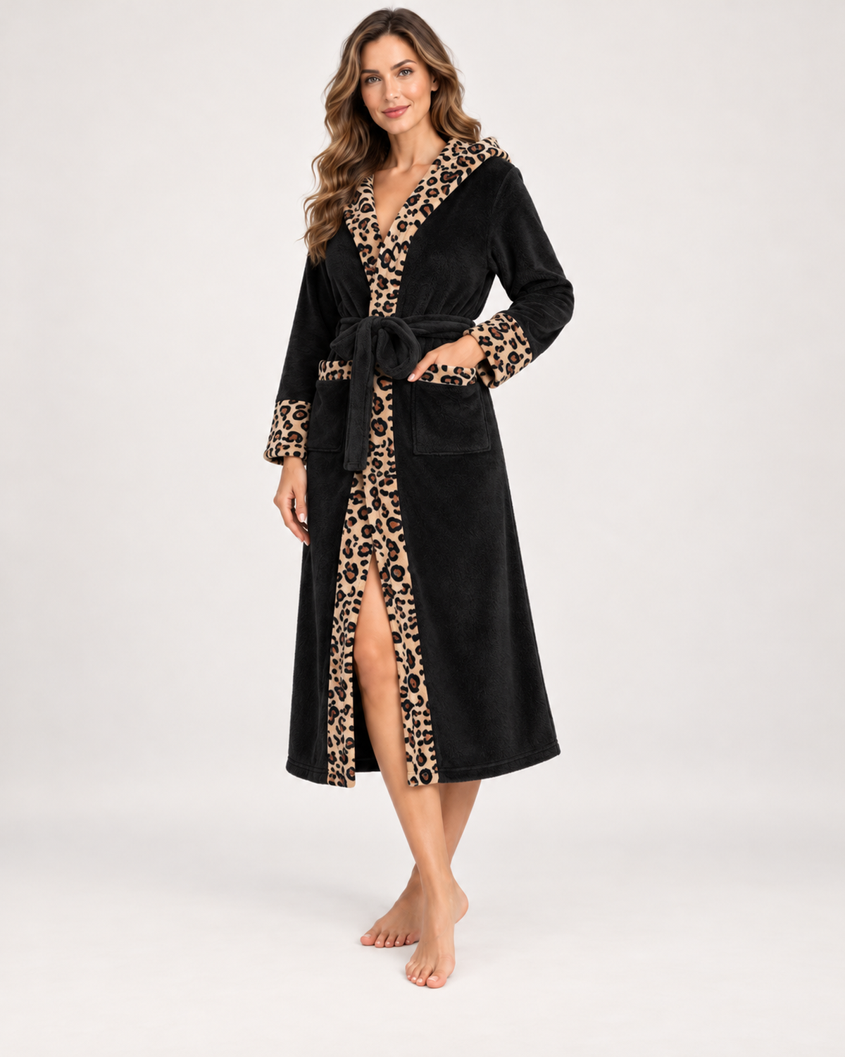 Women's Dressing Gown - Leopard-Trim Hooded Style, blocking google shopping variant image for black