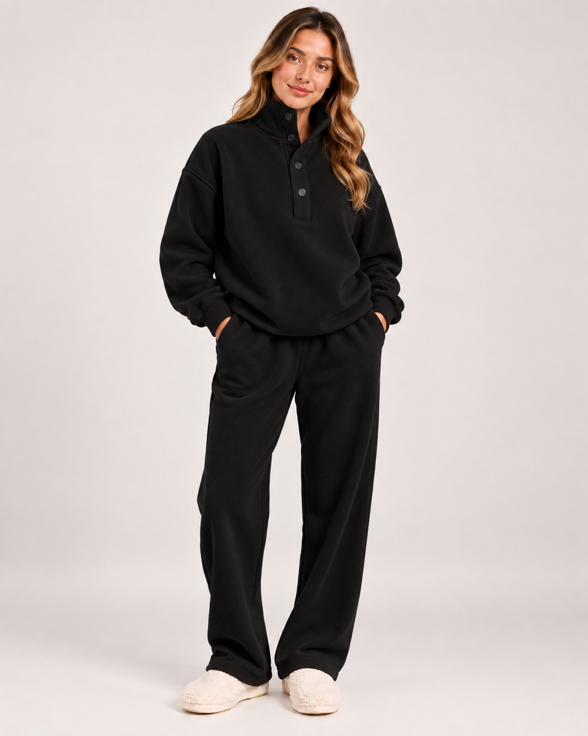 Women's Oversized Button-Neck Loungewear Set in Black, Black studio variant