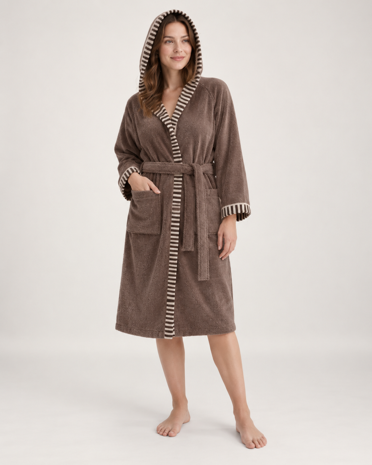 Women's Hooded Cotton Dressing Gown in Dark Brown