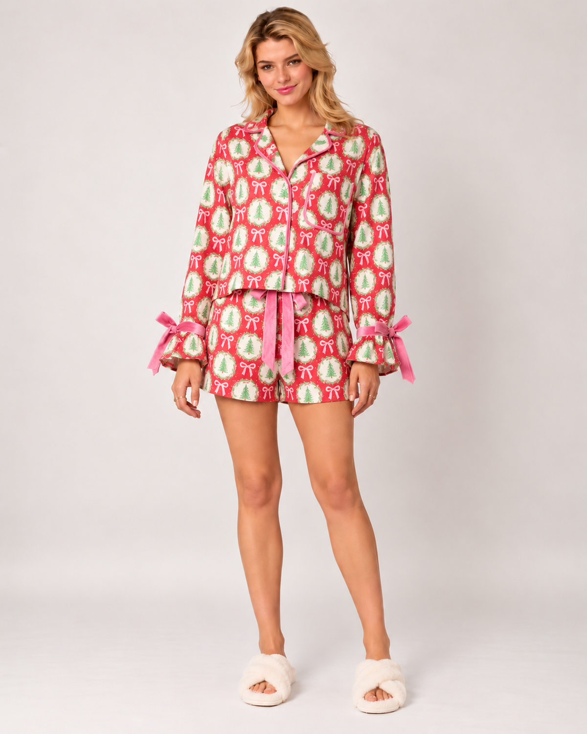 Women's Christmas Short Pyjama Set in Red Festive Print, Red Festive Print studio variant