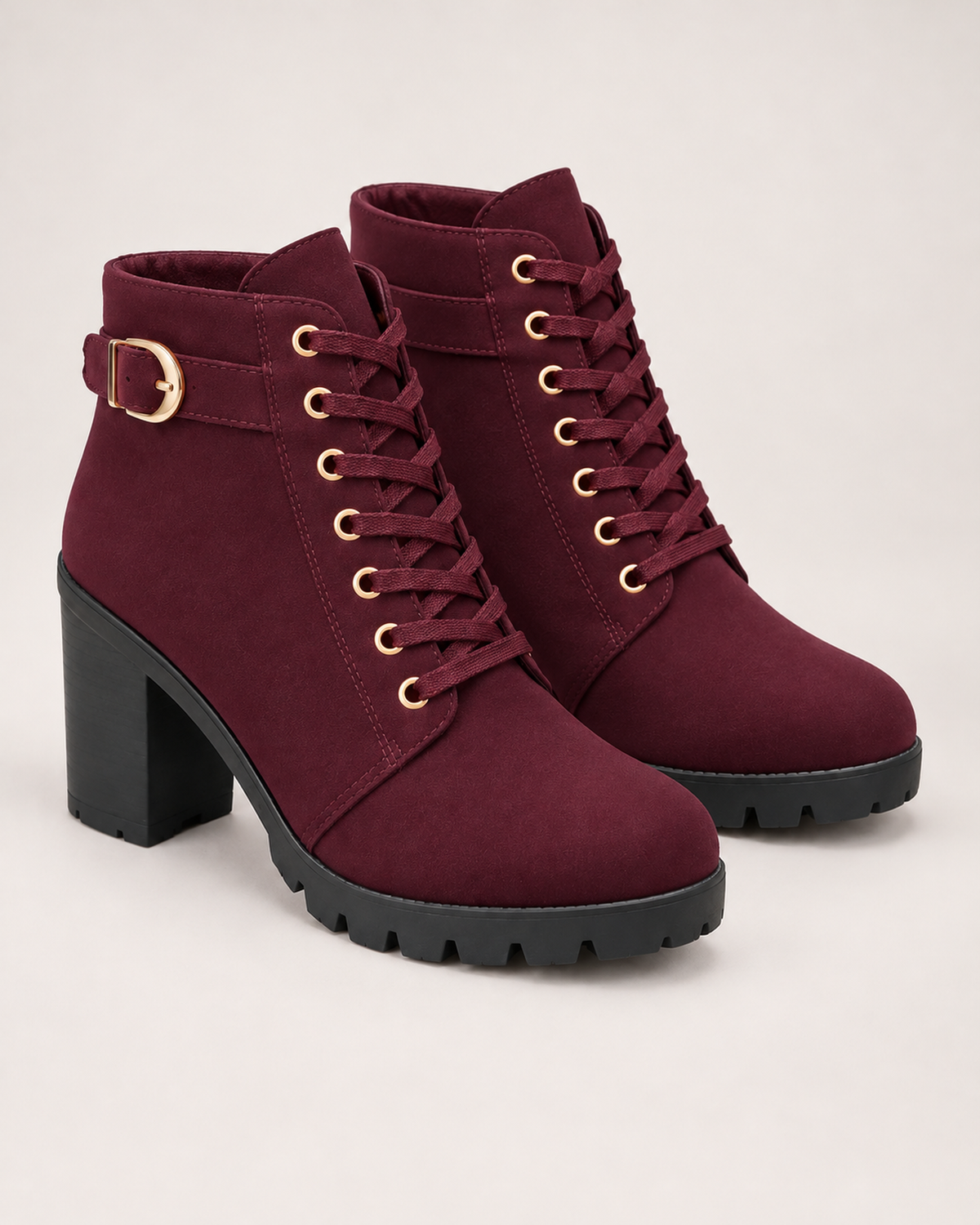 Women's Ankle Boots - Buckled Lace-Up Block Heel, blocking google shopping variant image for wine red