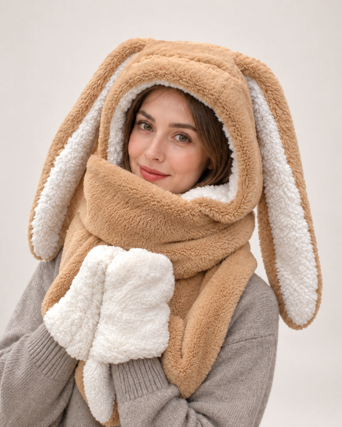 Plush Animal Ear Hooded Scarf in Khaki / Bunny Ears