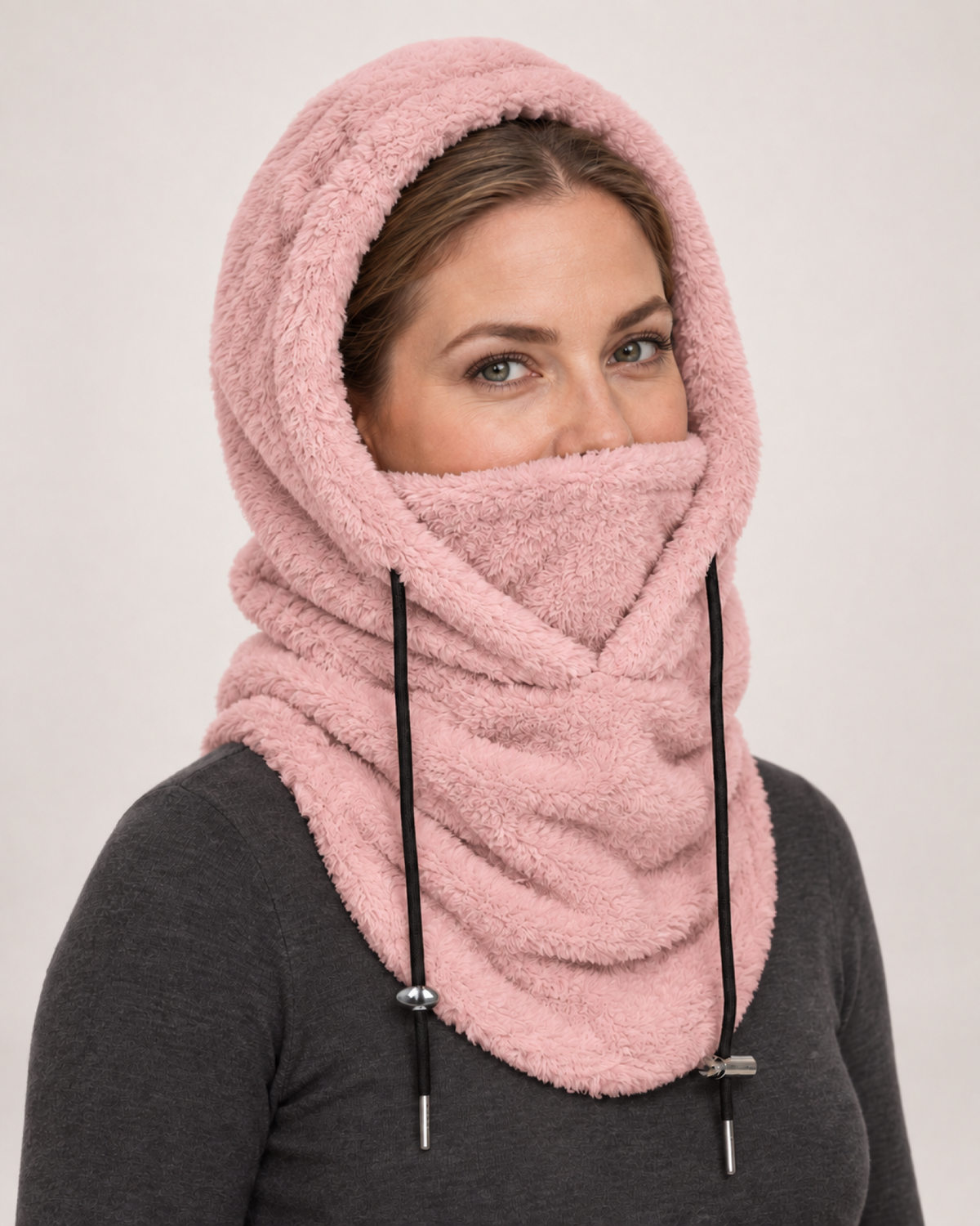 Plush Drawstring Balaclava Hood in Pink