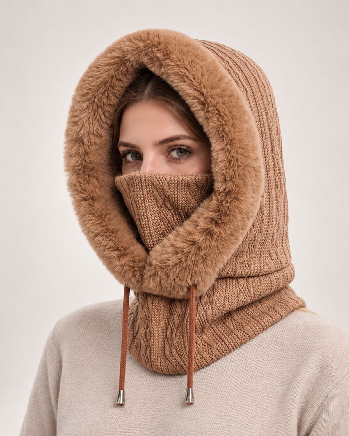 Women's Faux Fur Trim Hooded Scarf in Khaki
