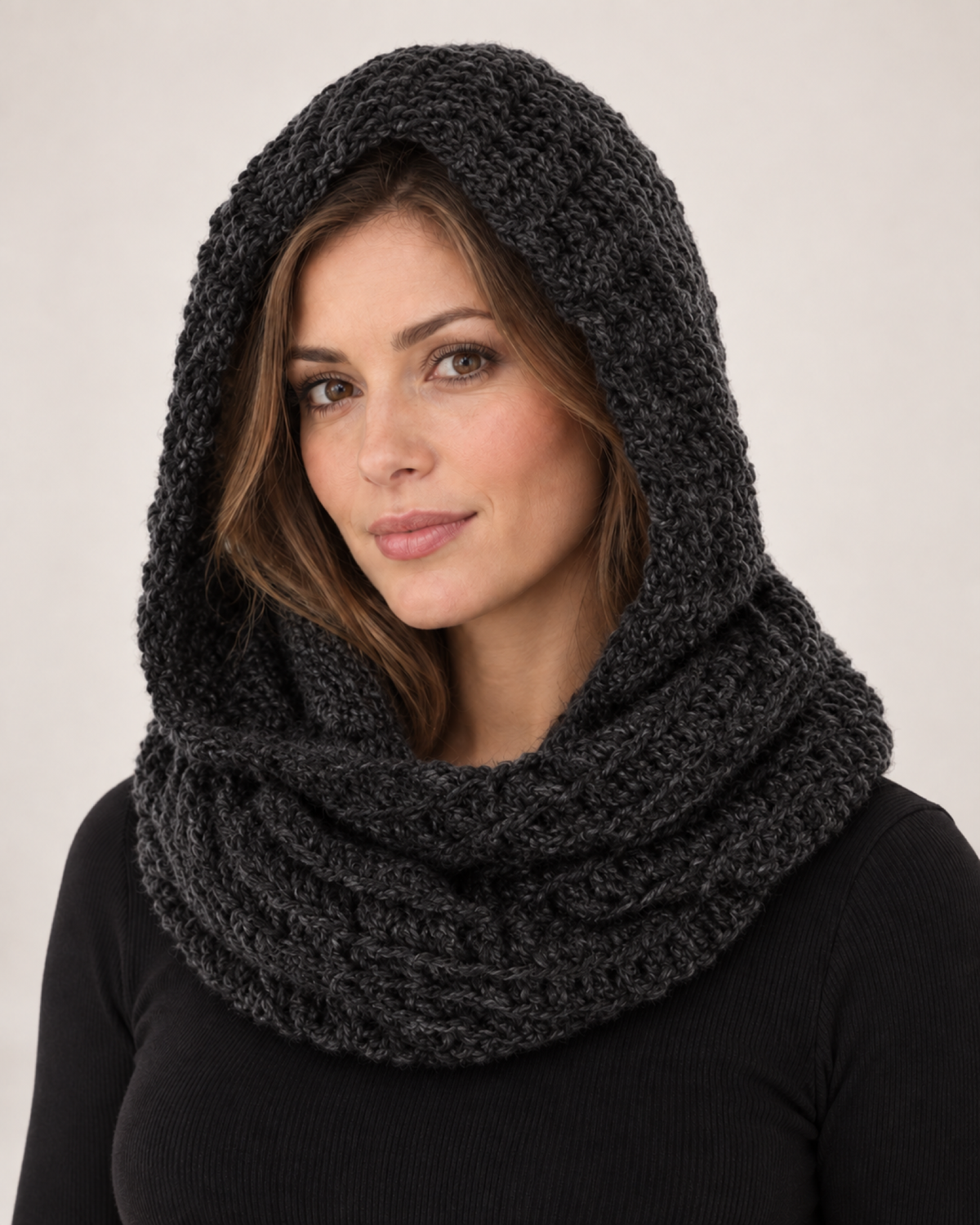 Women's Chunky Knit Hooded Scarf in Black