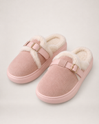 Faux Fur Buckle Mule Slippers in Pink