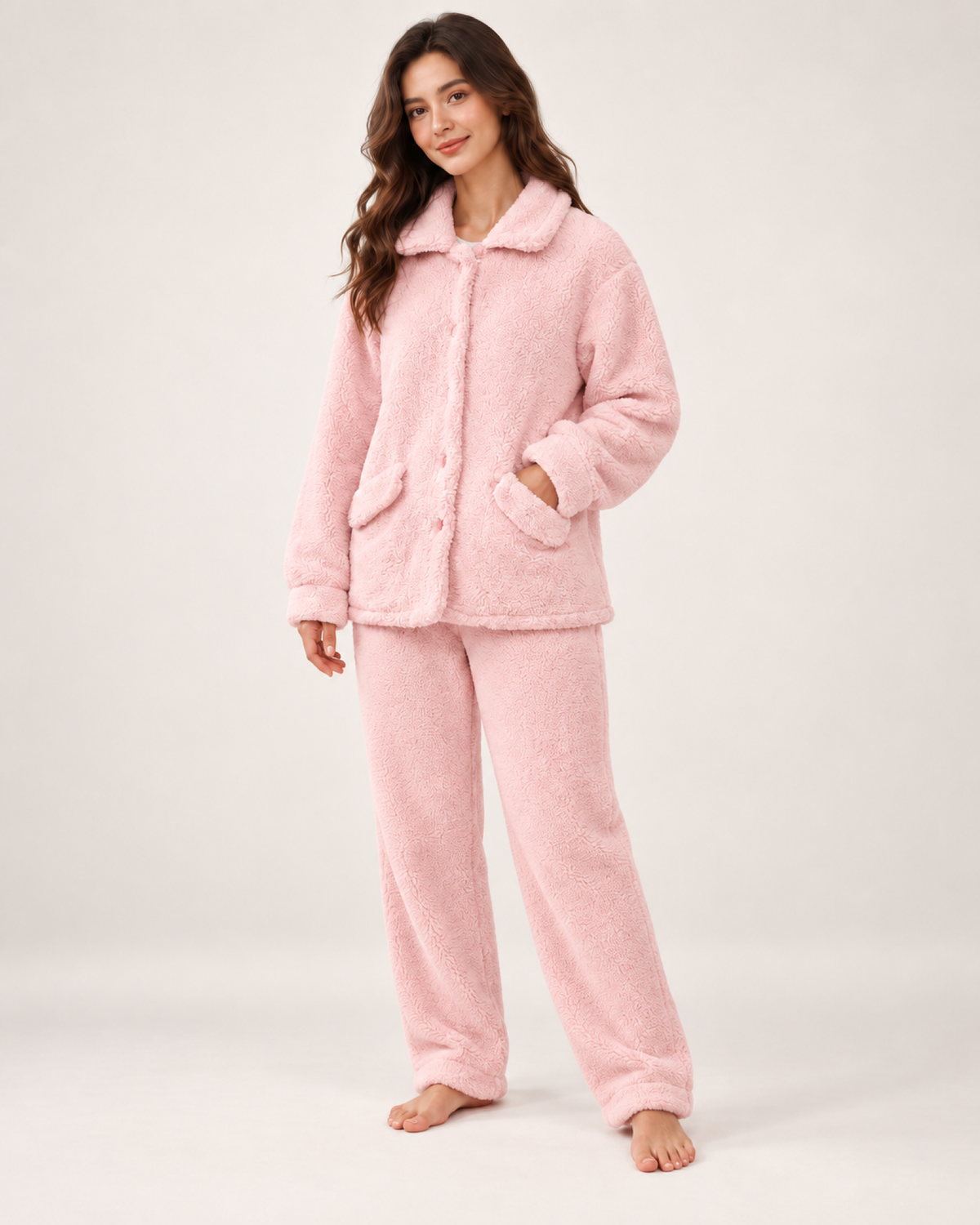 Women's Fleece Pyjama Set – Button-Front Loungewear, standalone google shopping variant image for blush pink
