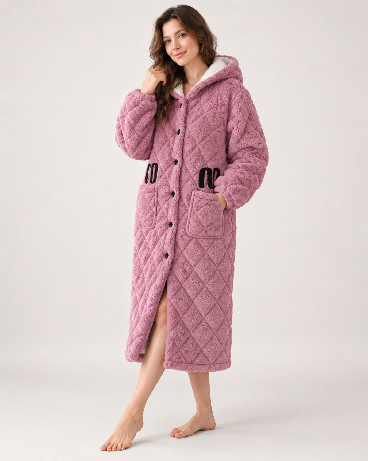 Women's Quilted Fleece Dressing Gown – Hooded Long Style, standalone google shopping variant image for dusty pink