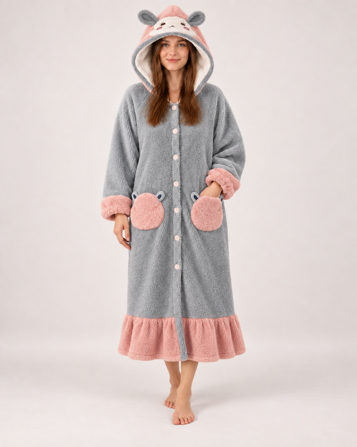 Women's Animal Hooded Lounge Robe in Grey & Pink, variant view