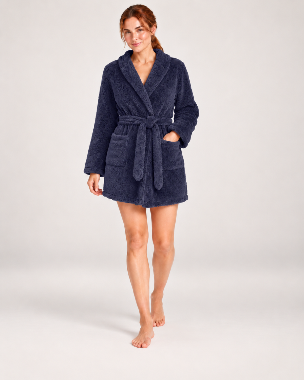 Women's Short Plush Dressing Gown in Navy Blue, variant view