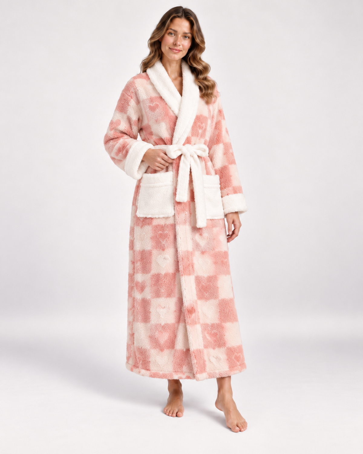 Women's Patterned Long Dressing Gown in Pink Heart Check, variant view