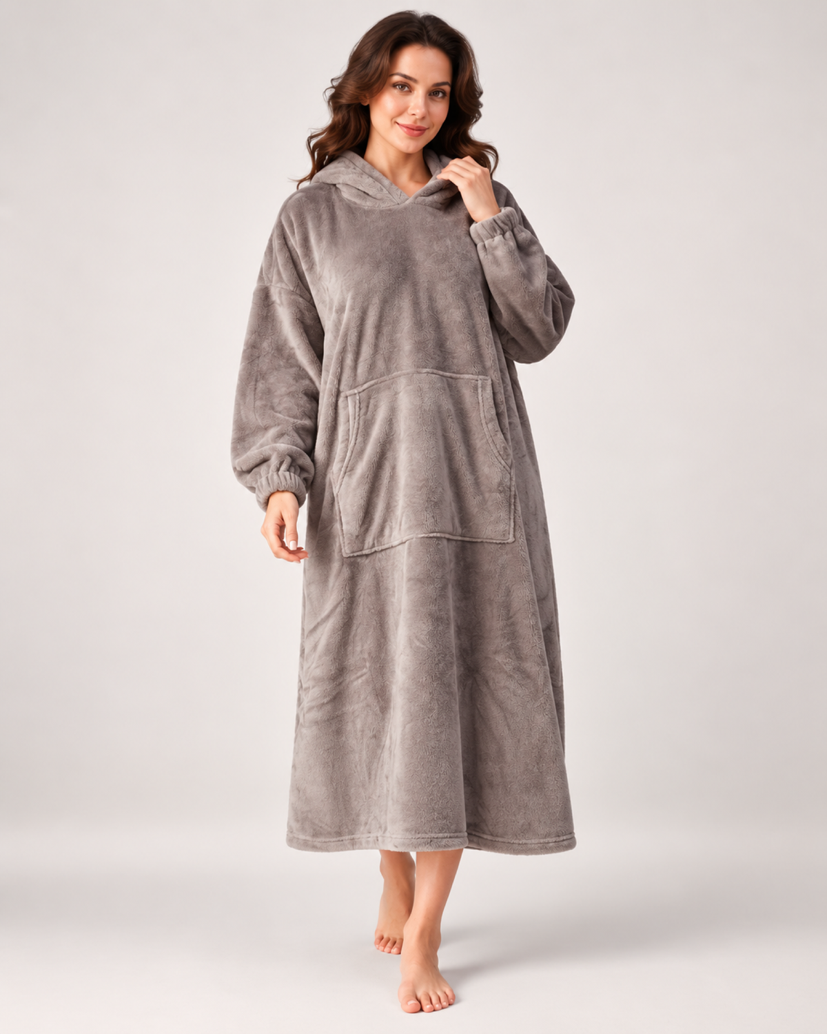 Ladies' Hooded Dressing Gown – Long Pullover Style in Taupe, variant view