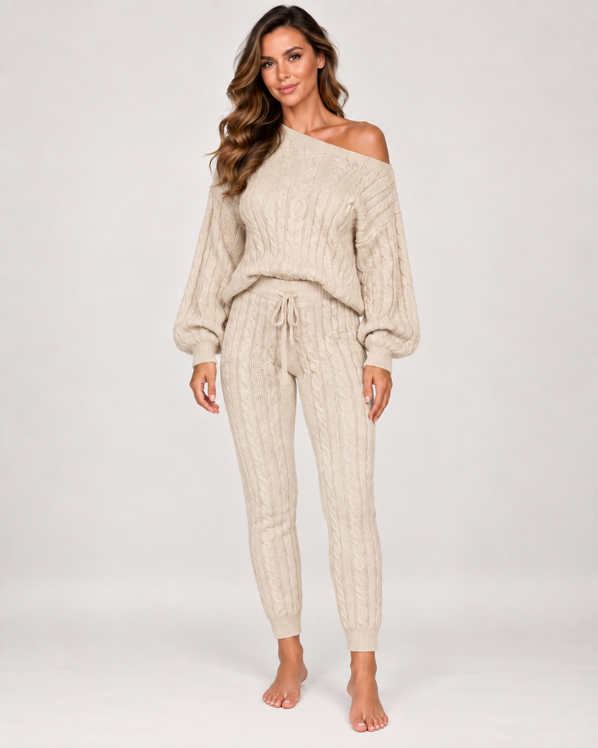 Women's Cable Knit Loungewear Set in Beige, Beige studio variant