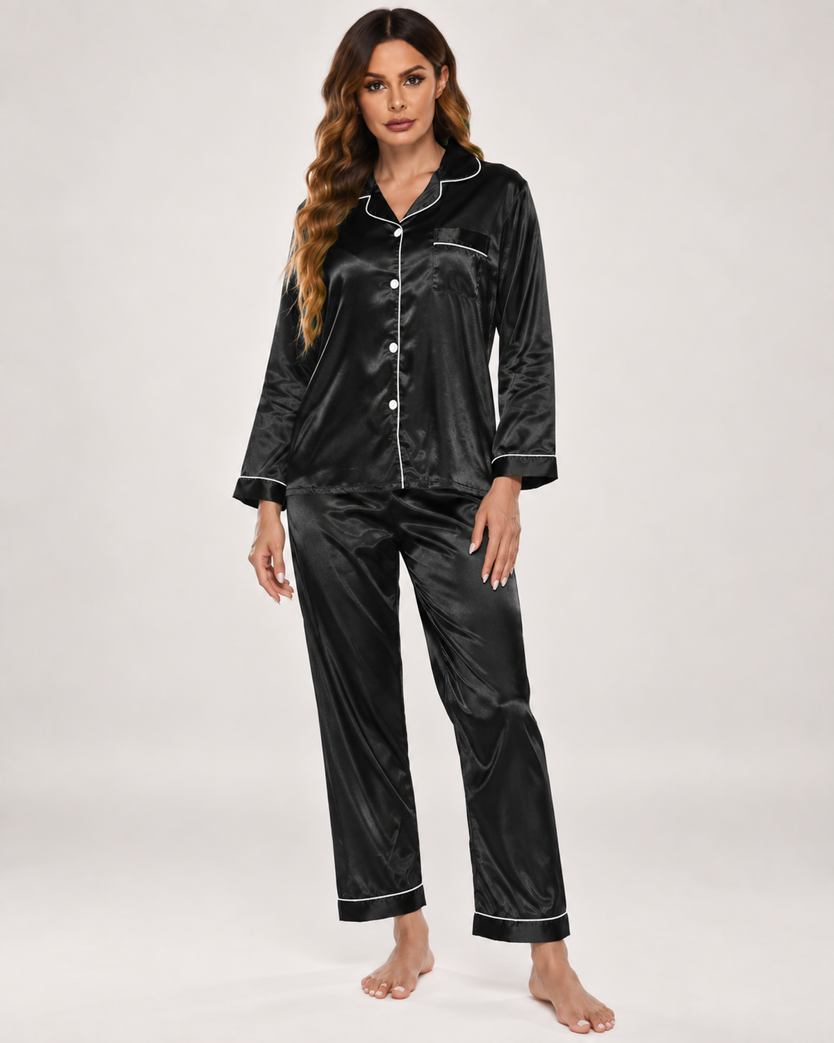Women's Button-Up Pyjama Set in Black, Black studio variant