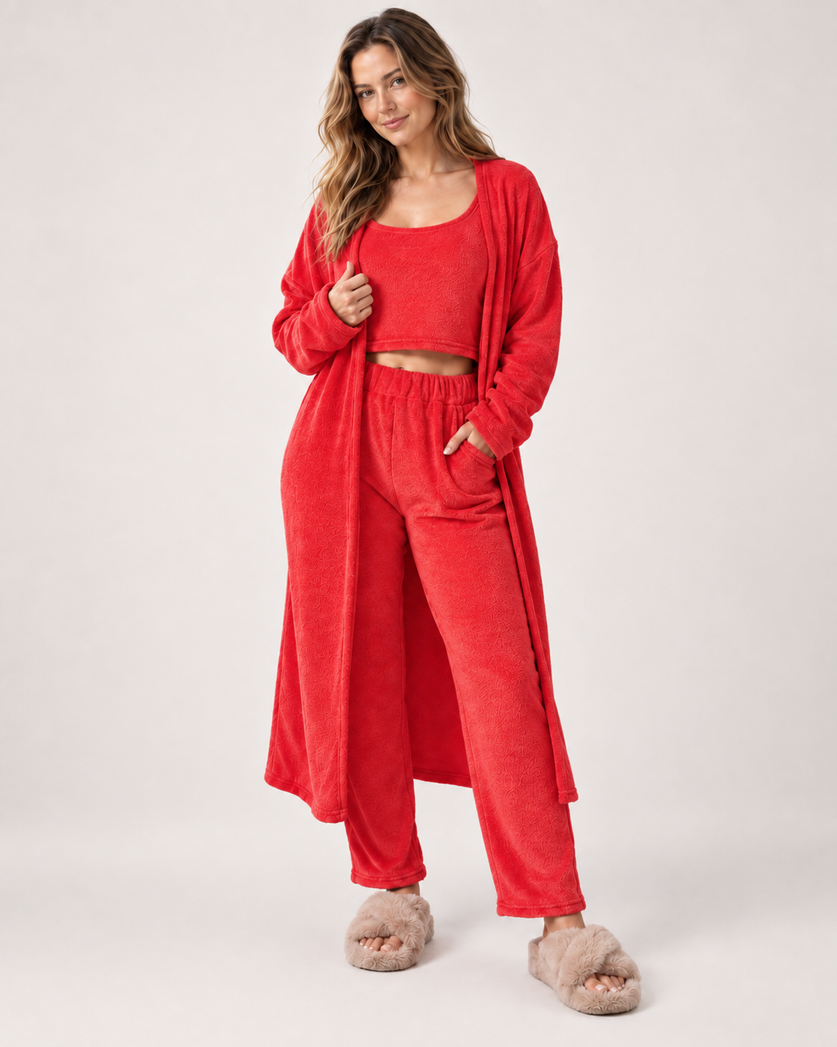 Women's Three Piece Loungewear Set in Red, Red studio variant