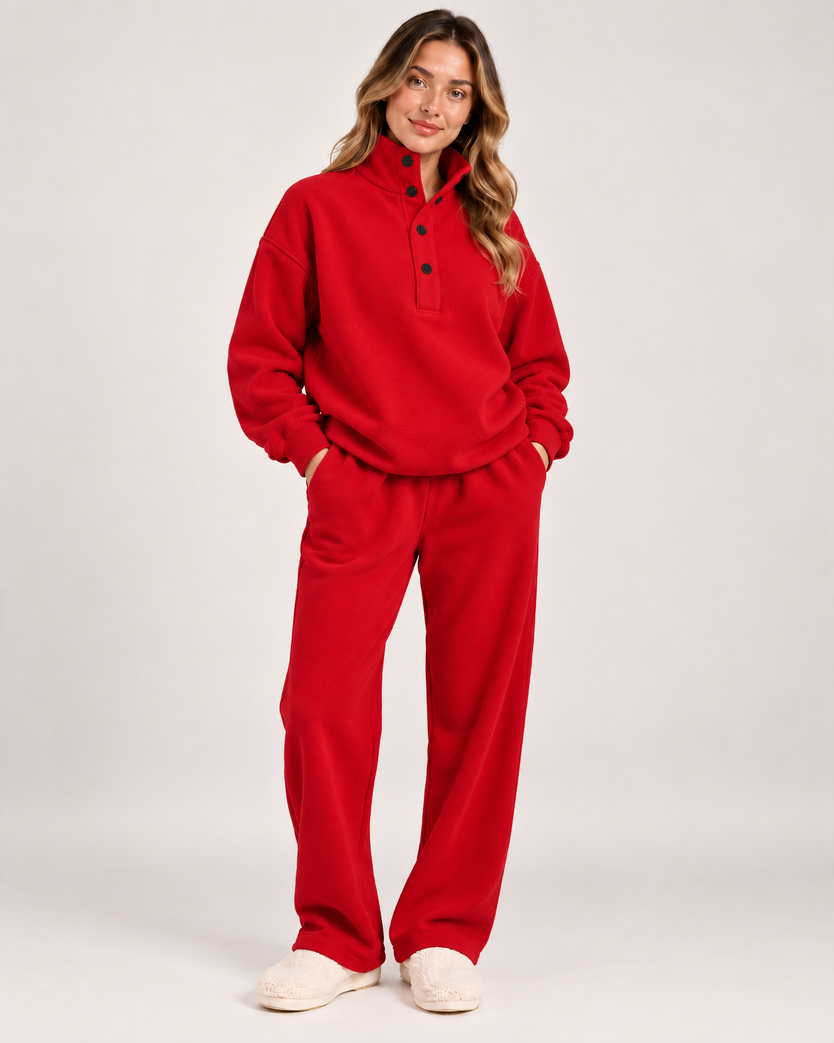 Women's Oversized Button-Neck Loungewear Set in Red, Red studio variant