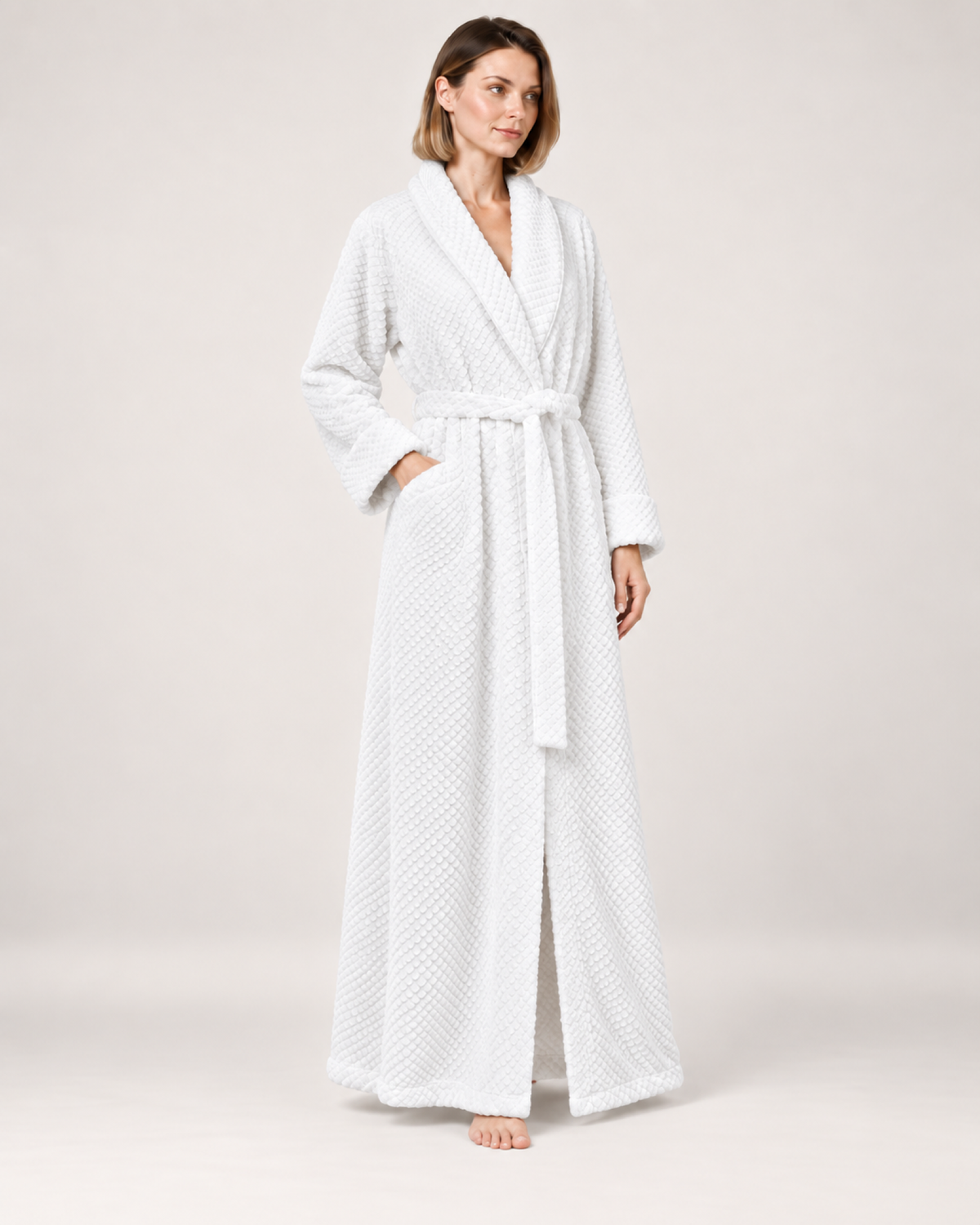 Women's Textured Long Dressing Gown in White, variant view