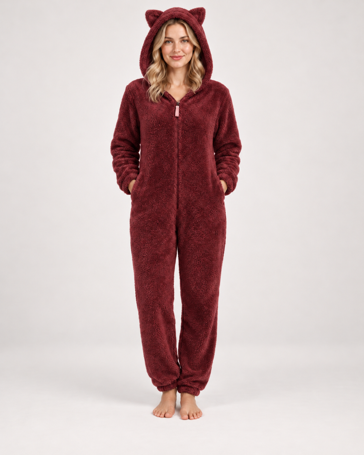 Women's wine red cat-ear fleece onesie, front studio view