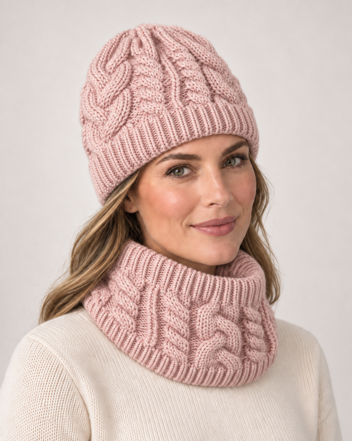 Women's Cable Knit Hat & Scarf Set in Pink
