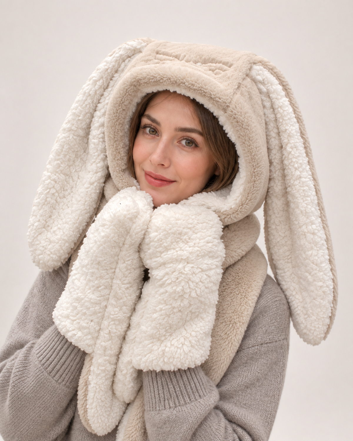 Plush Animal Ear Hooded Scarf in Light Grey / Bunny Ears