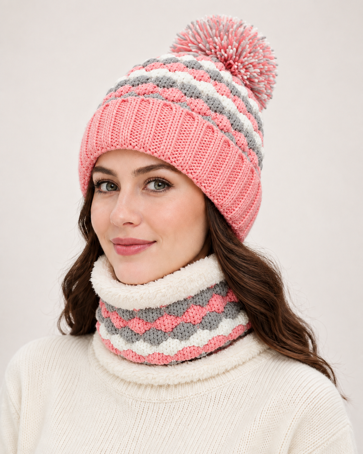 Women's Bobble Hat & Neck Warmer in Pink / Hat & Neck Warmer Set