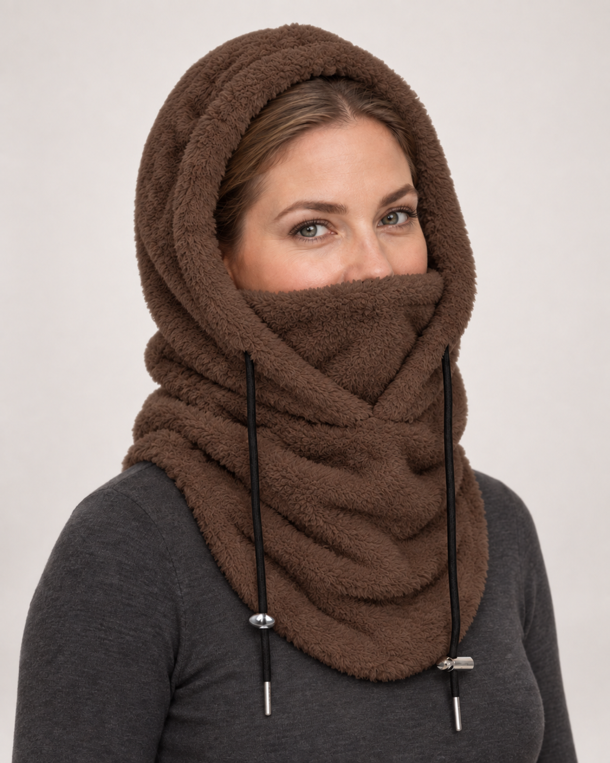 Plush Drawstring Balaclava Hood in Coffee