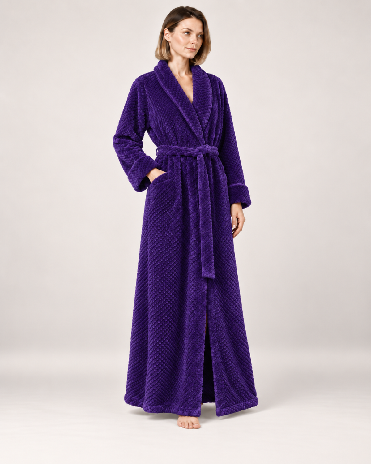 Women's Textured Long Dressing Gown in Dark Purple, variant view