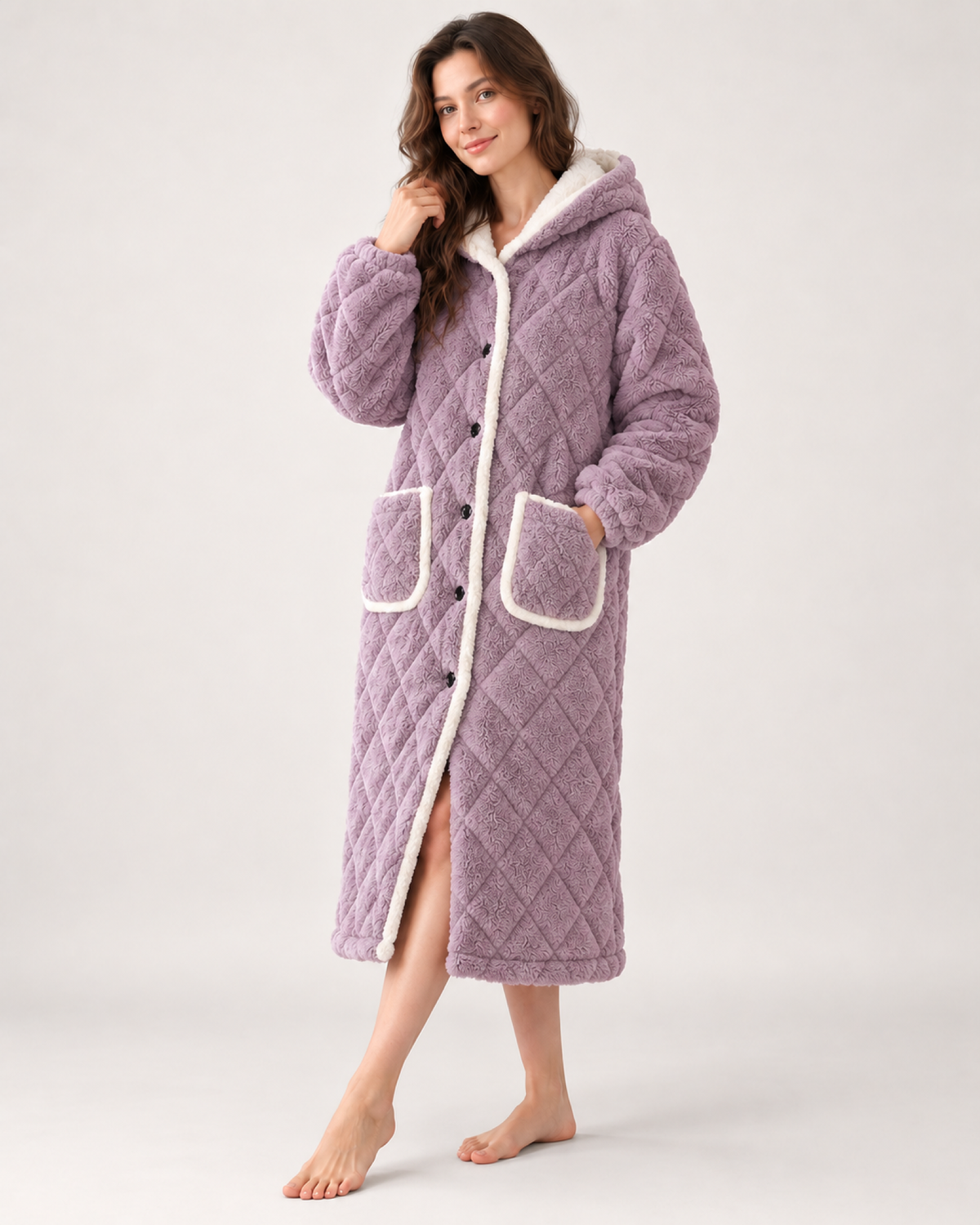 Women's Quilted Fleece Dressing Gown – Hooded Long Style, standalone google shopping variant image for lilac