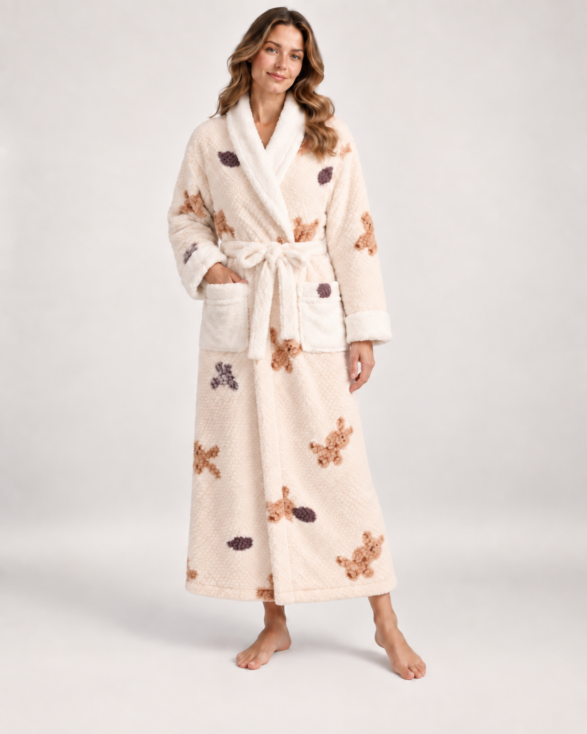 Women's Patterned Long Dressing Gown in Neutral Cartoon, variant view