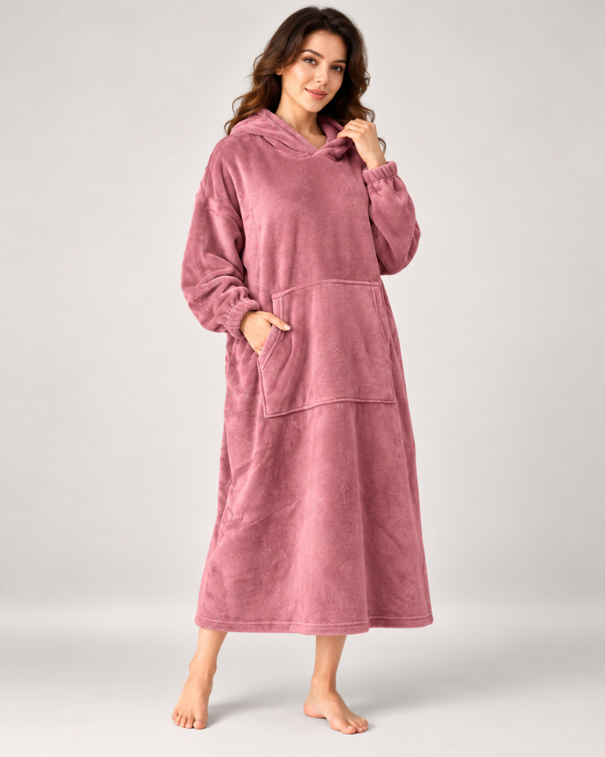 Ladies' Hooded Dressing Gown – Long Pullover Style in Rose Pink, variant view
