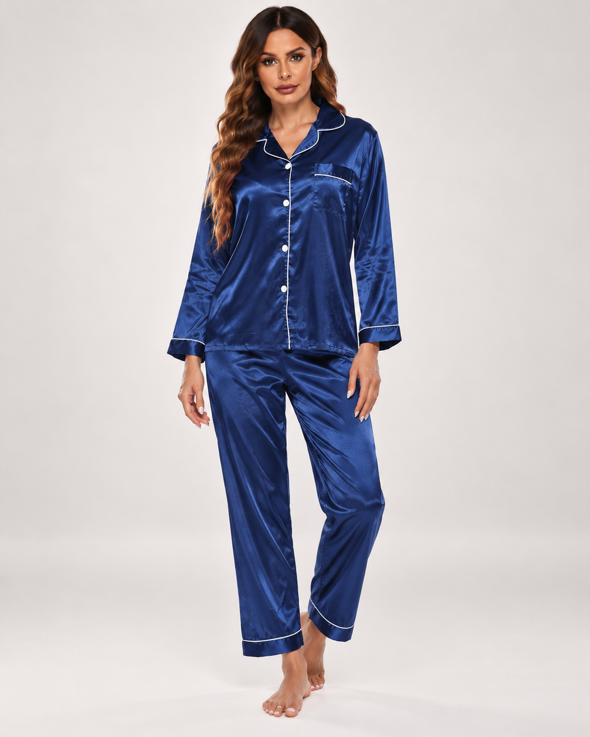 Women's Button-Up Pyjama Set in Navy Blue, Navy Blue studio variant