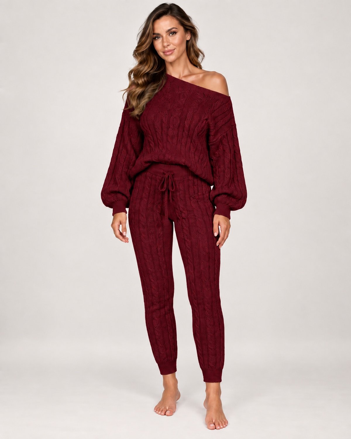 Women's Cable Knit Loungewear Set in Wine Red, Wine Red studio variant
