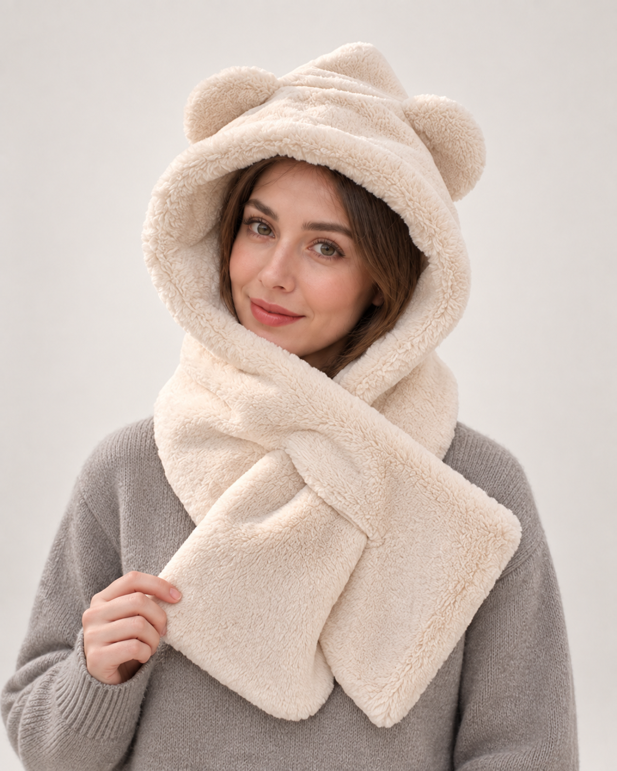 Plush Animal Ear Hooded Scarf in Beige / Bear Ears
