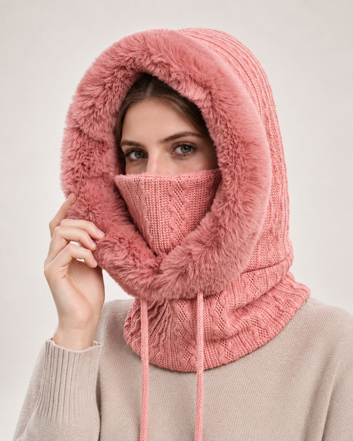 Women's Faux Fur Trim Hooded Scarf in Rose