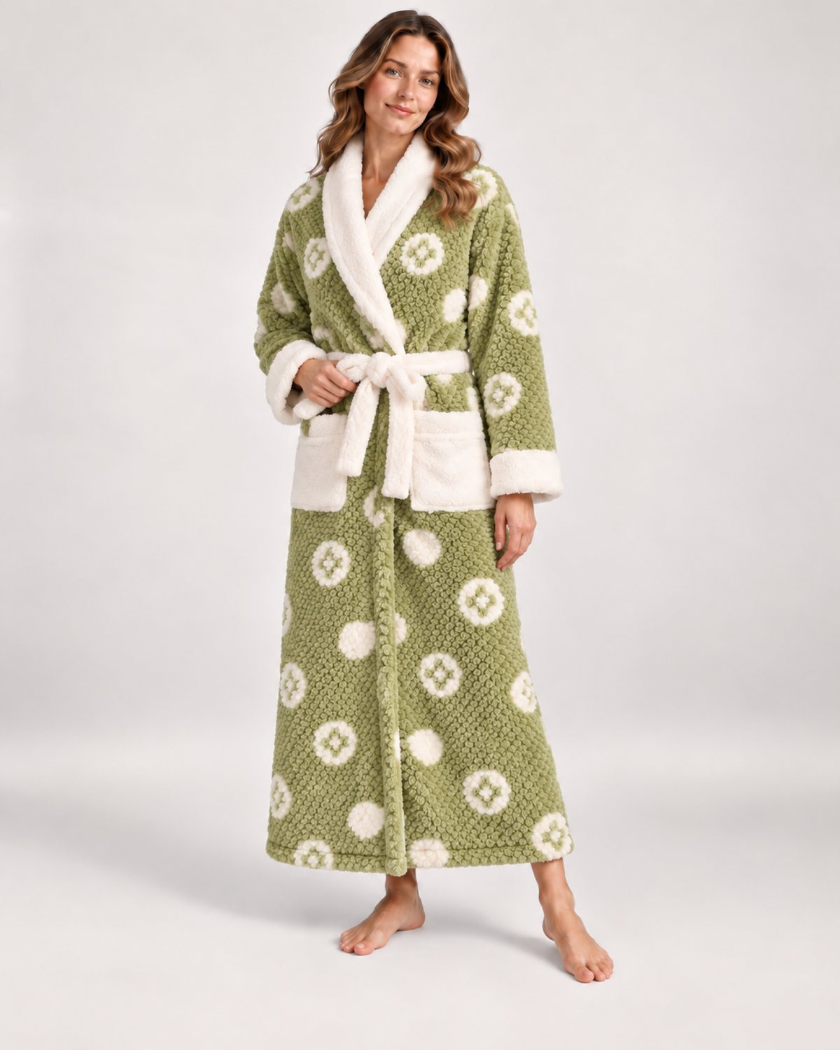 Women's Patterned Long Dressing Gown in Green Floral, variant view