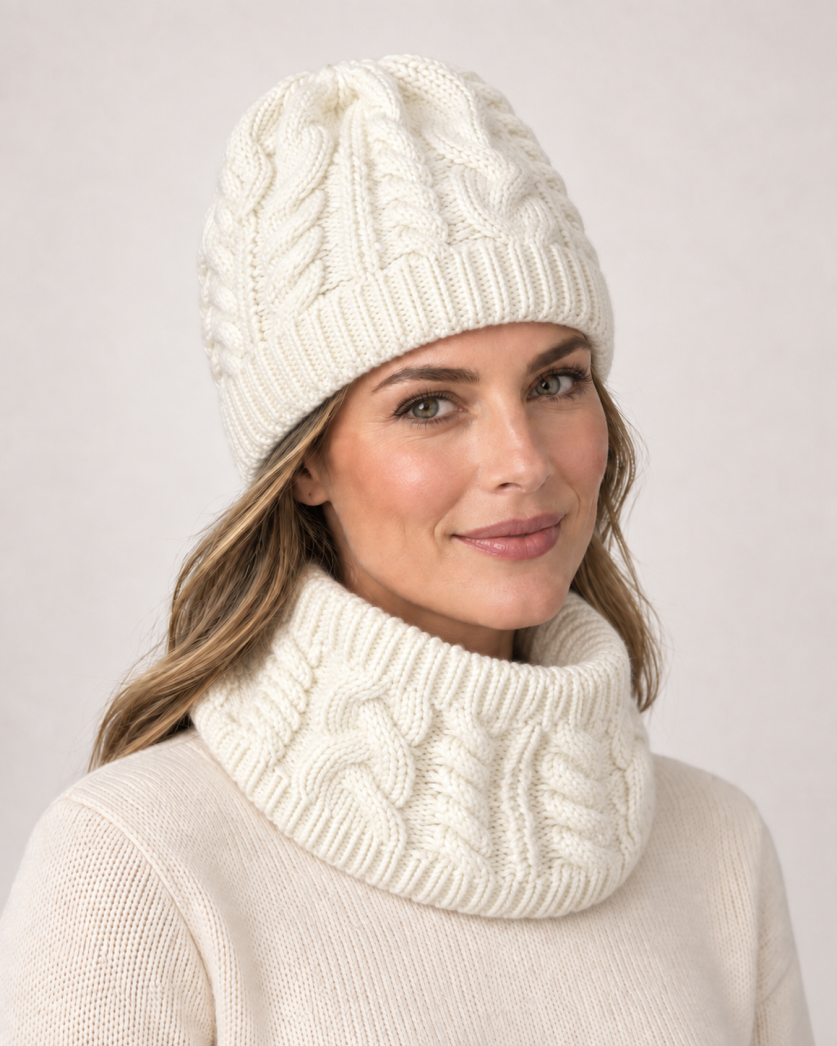 Women's Cable Knit Hat & Scarf Set in White