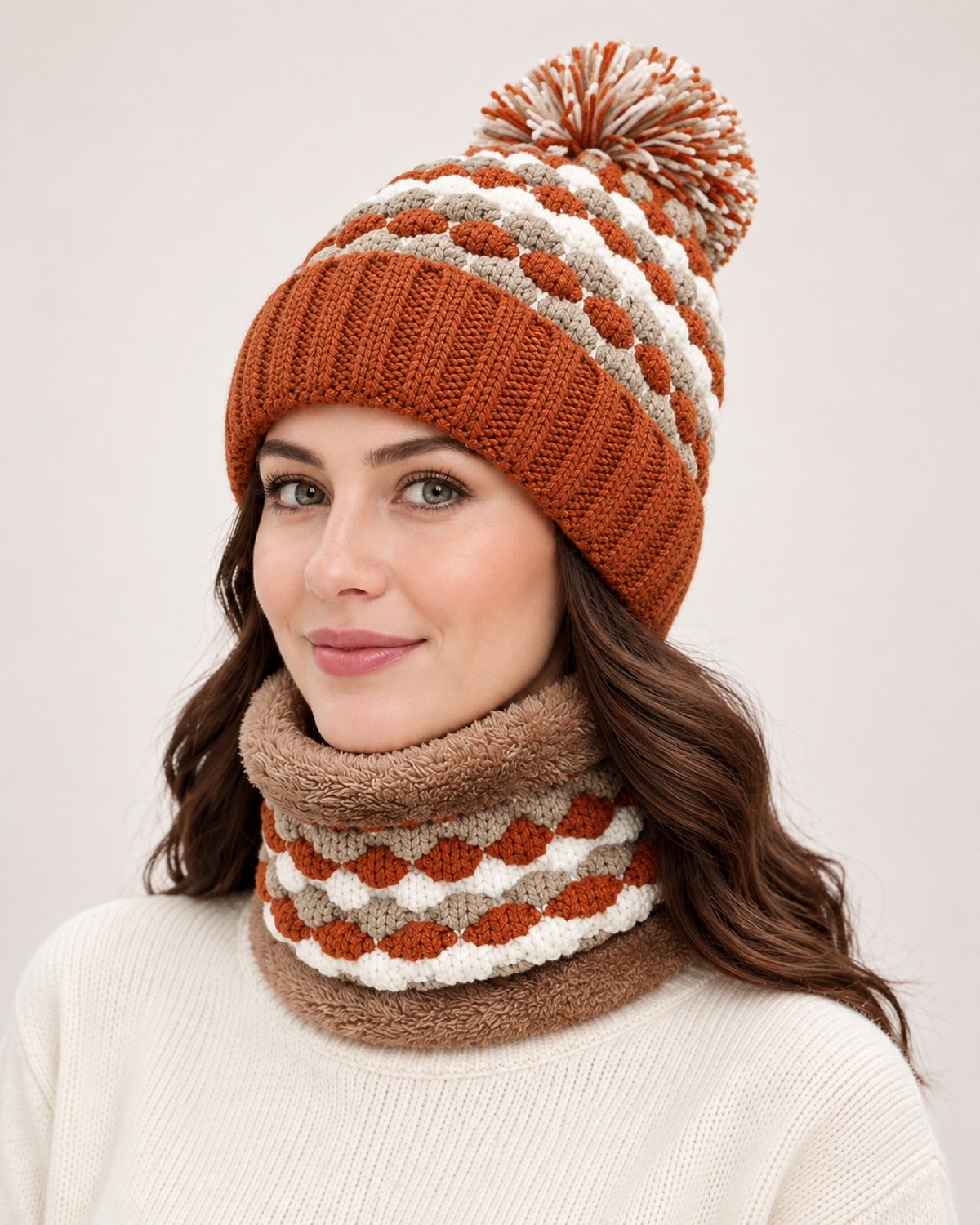 Women's Bobble Hat & Neck Warmer in Caramel / Hat & Neck Warmer Set