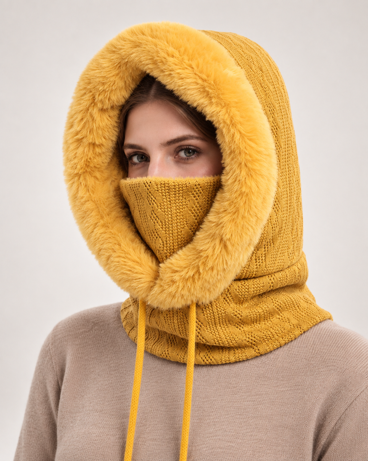 Women's Faux Fur Trim Hooded Scarf in Mustard
