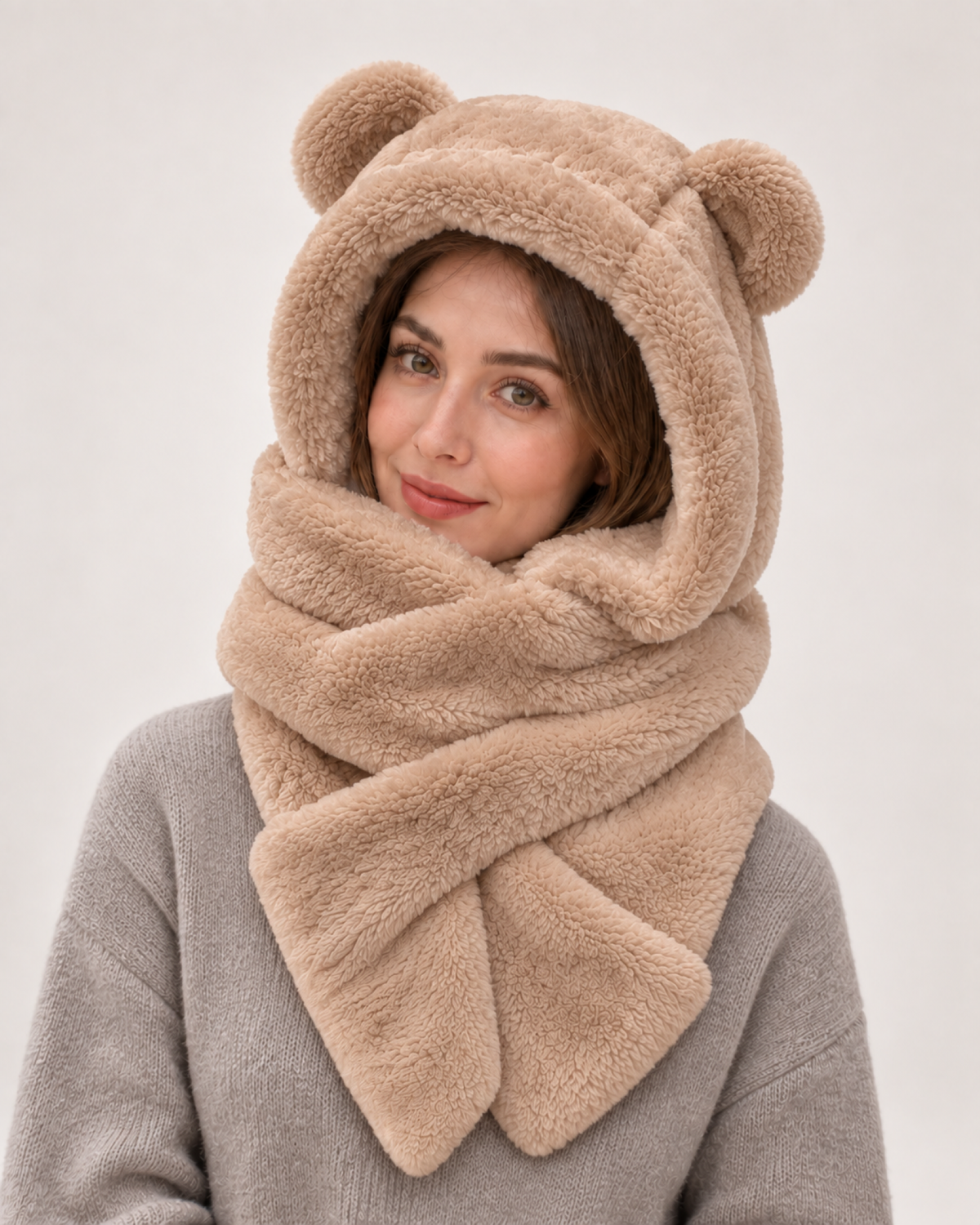 Plush Animal Ear Hooded Scarf in Khaki / Bear Ears