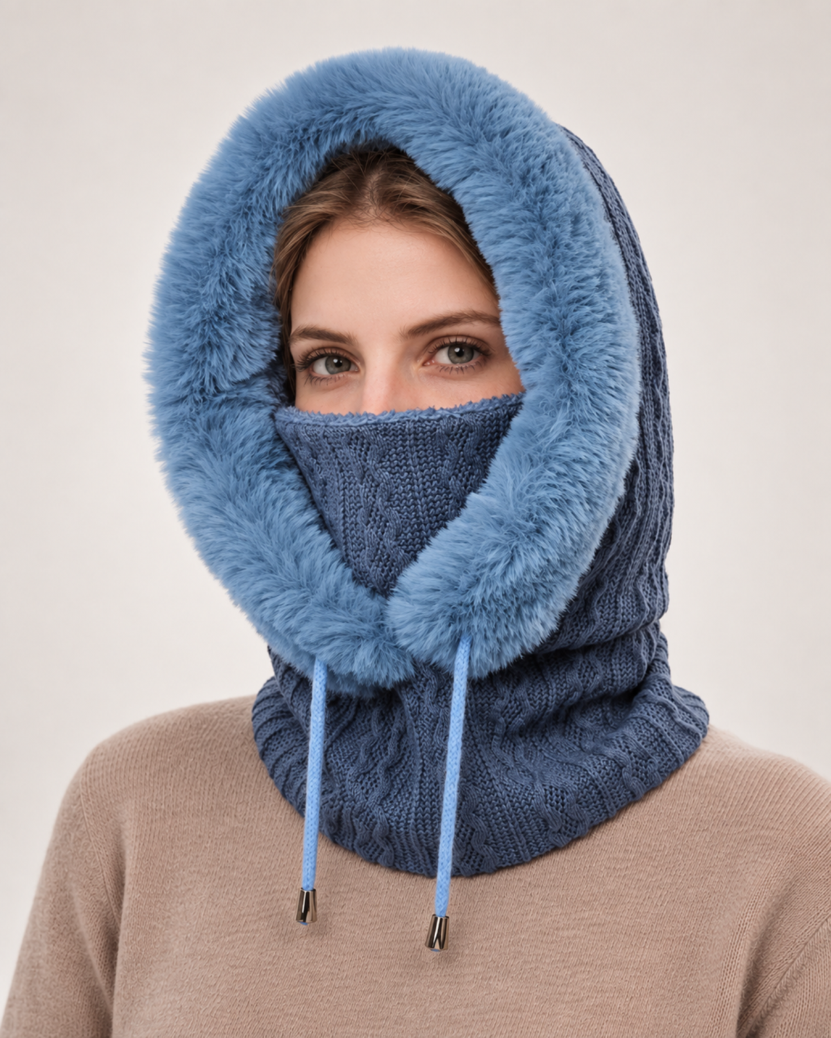 Women's Faux Fur Trim Hooded Scarf in Blue