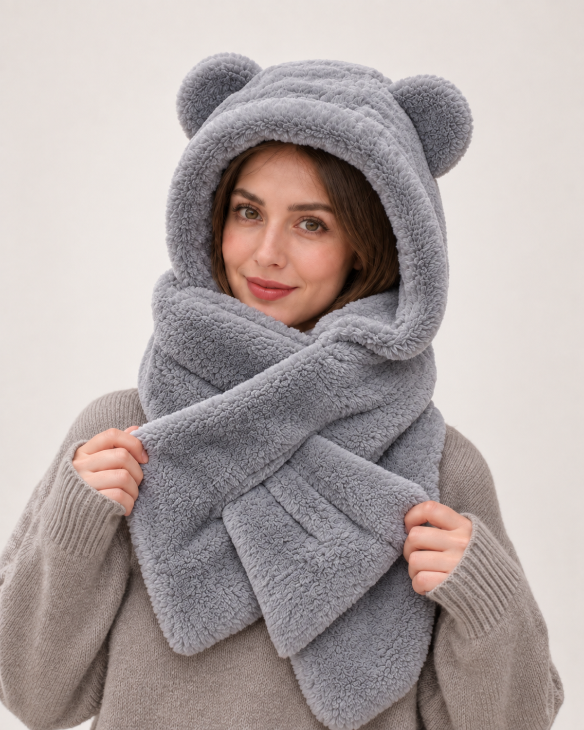 Plush Animal Ear Hooded Scarf in Grey / Bear Ears