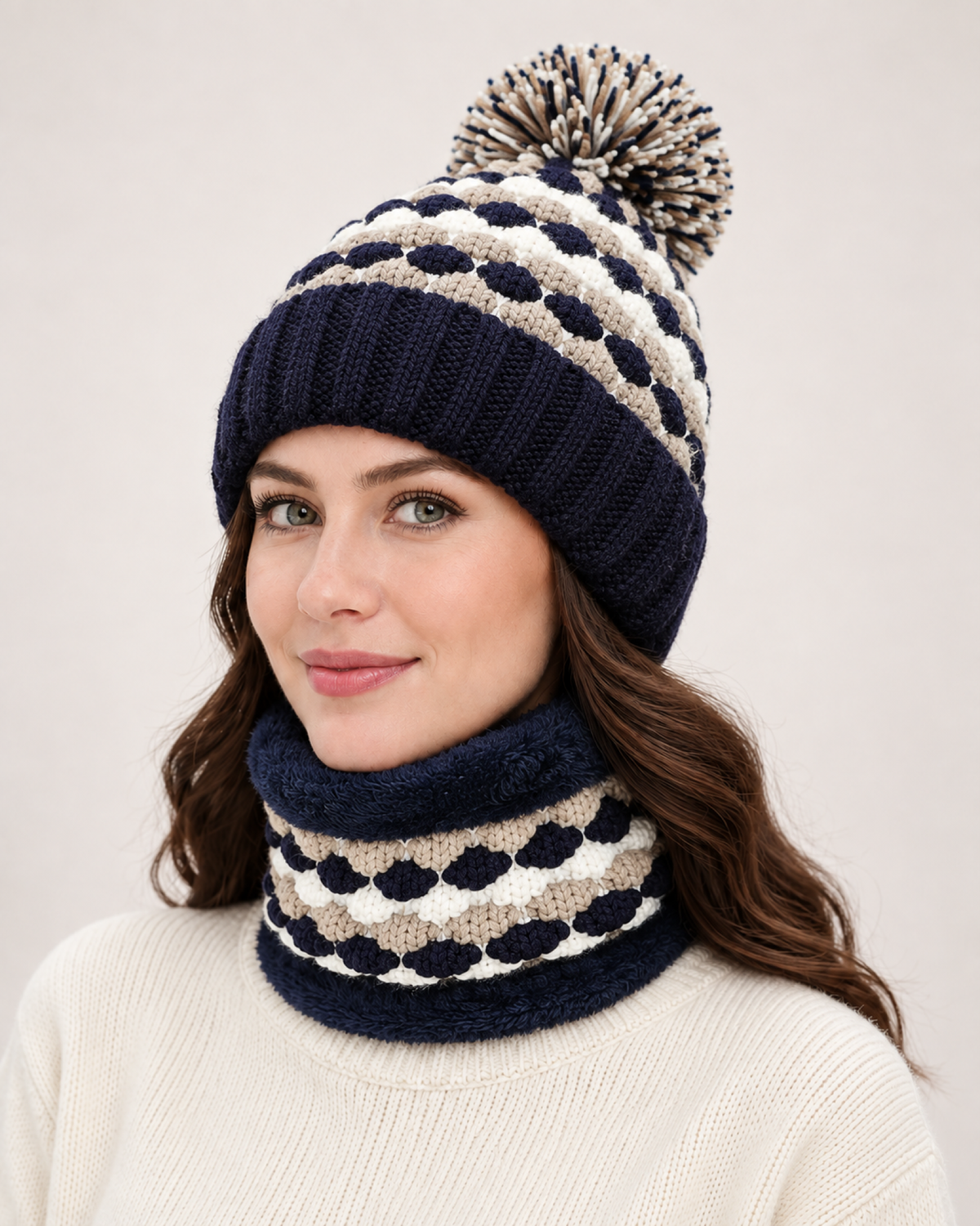 Women's Bobble Hat & Neck Warmer in Navy Blue / Hat & Neck Warmer Set