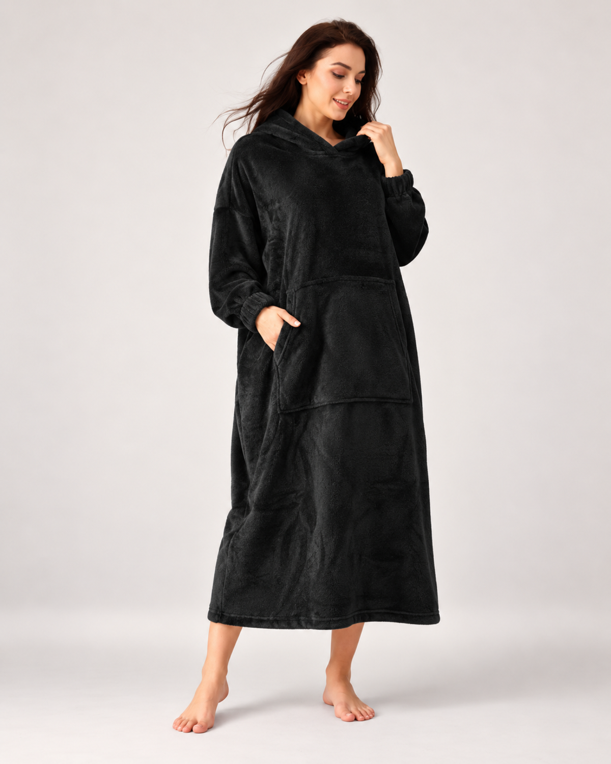 Ladies' Hooded Dressing Gown – Long Pullover Style in Black, variant view